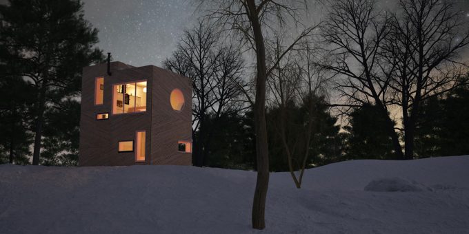 kreislauffÃ¤hige Kleinwohnform Livo in der Nacht bei Schnee